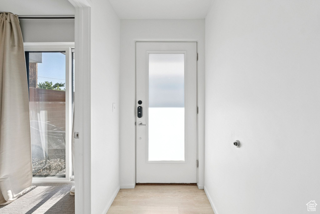 Doorway to outside with plenty of natural light and light wood-type flooring