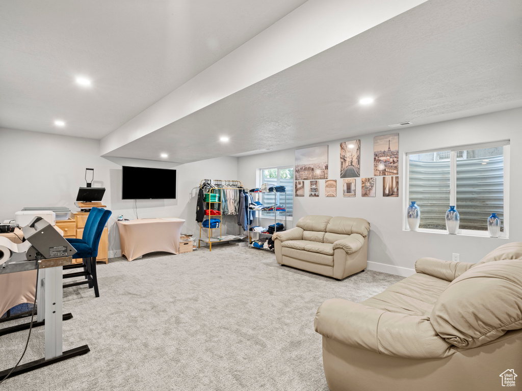 Living room featuring carpet flooring and recessed lighting