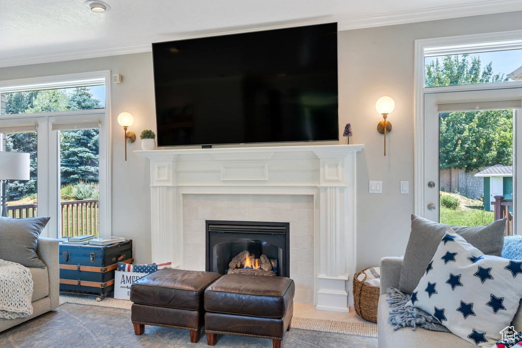 Living room featuring ornamental molding and a tiled fireplace