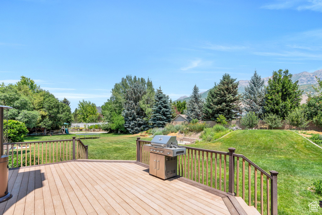 Deck featuring area for grilling, a yard, and a mountain view