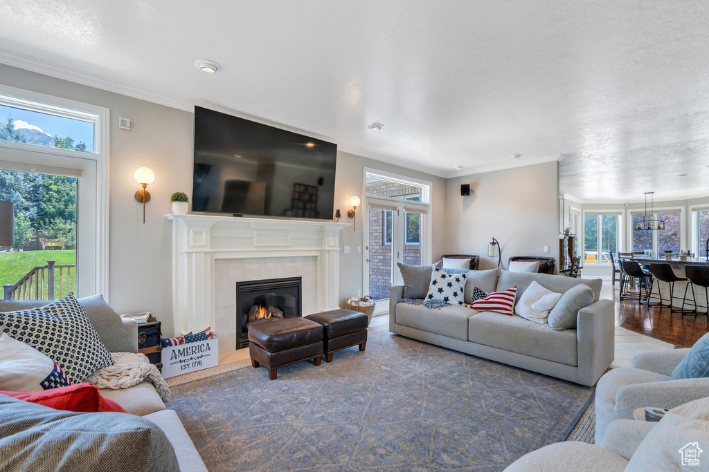 Living area featuring crown molding, plenty of natural light, a fireplace, and wood finished floors