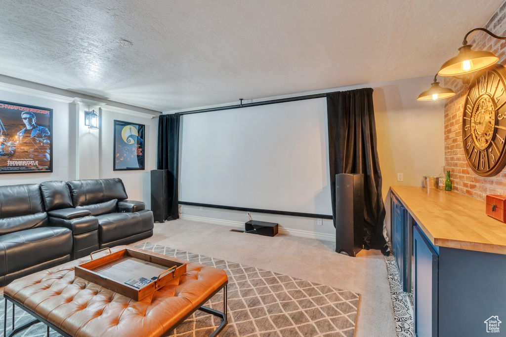 Carpeted home theater with a textured ceiling and baseboards