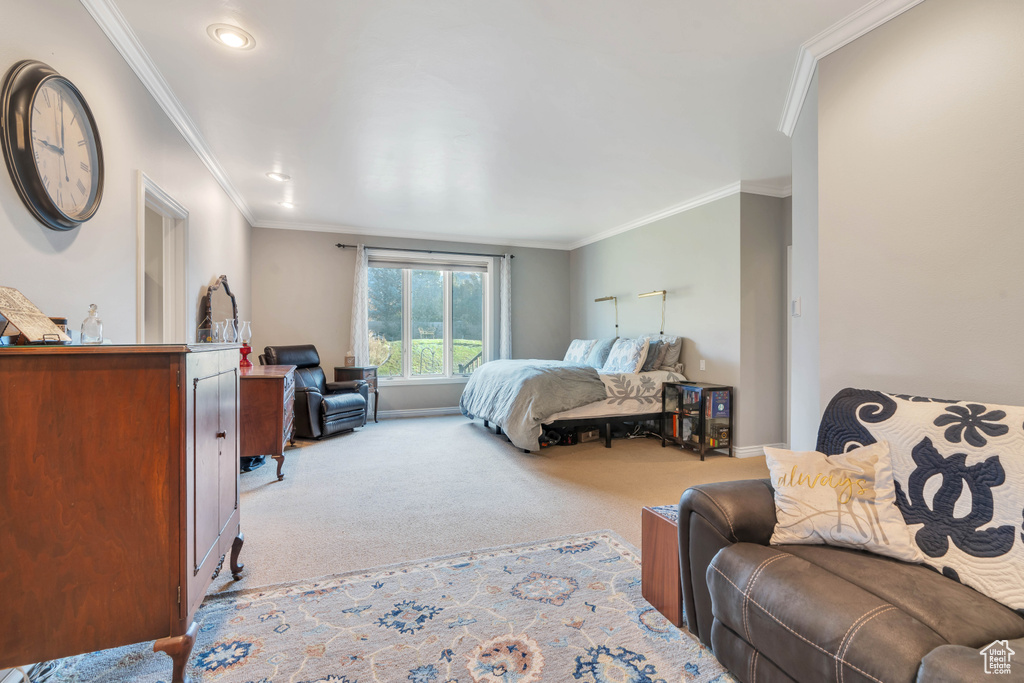 Carpeted bedroom with crown molding