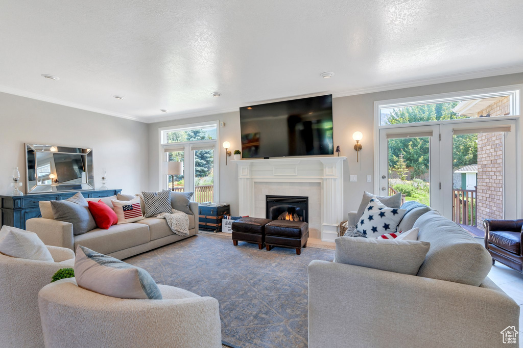 Living room with crown molding and a fireplace