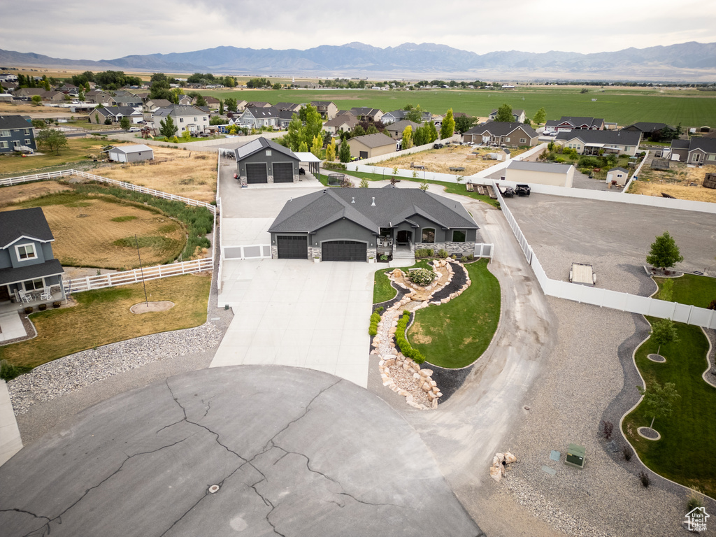 Aerial perspective of suburban area with mountains