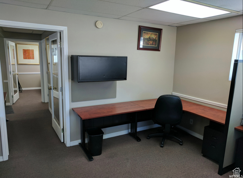 Carpeted office space featuring a paneled ceiling and baseboards