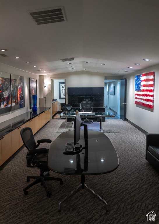 Recreation room with carpet flooring, recessed lighting, and an office area