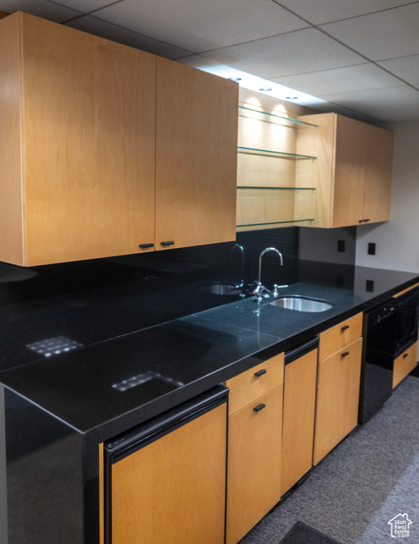Kitchen with carpet flooring, dishwasher, a drop ceiling, and dark countertops