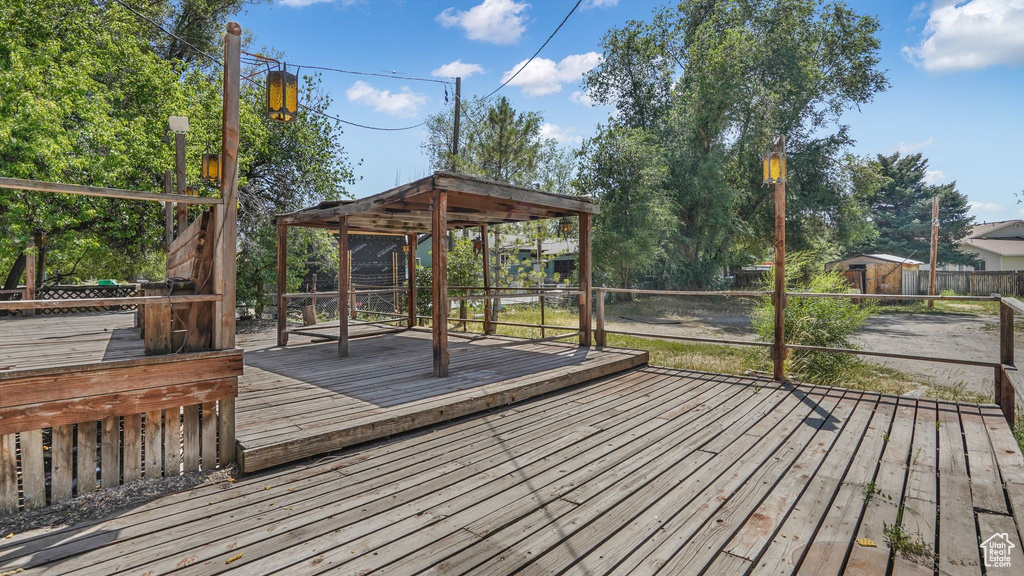 Wooden deck with a shed