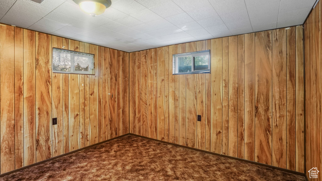 Unfurnished room with wood walls and dark colored carpet