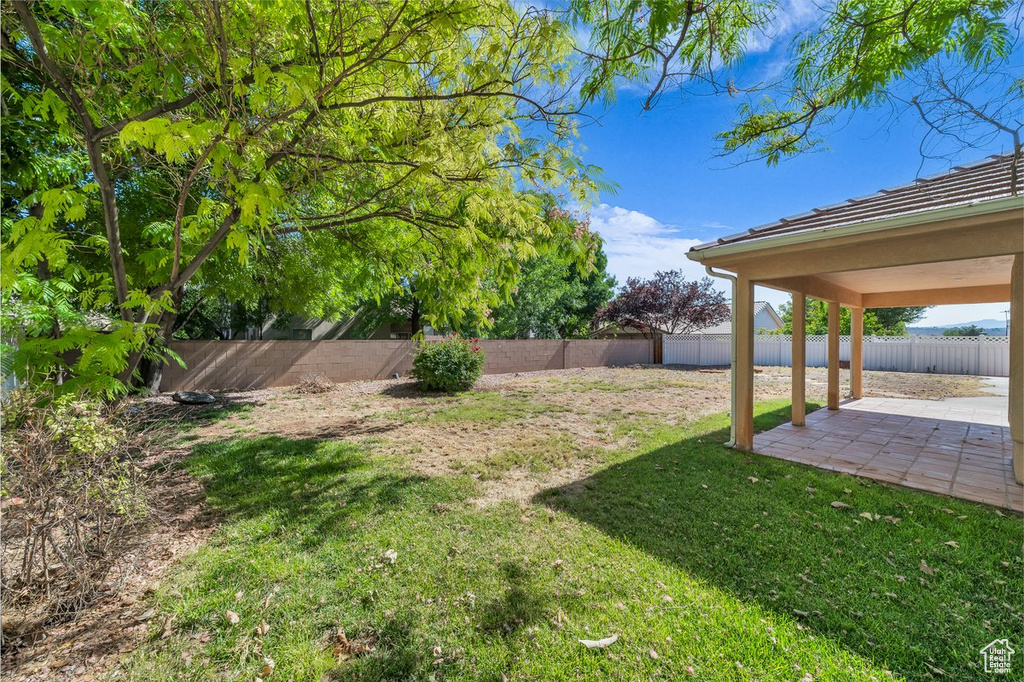 Fenced backyard with a patio area