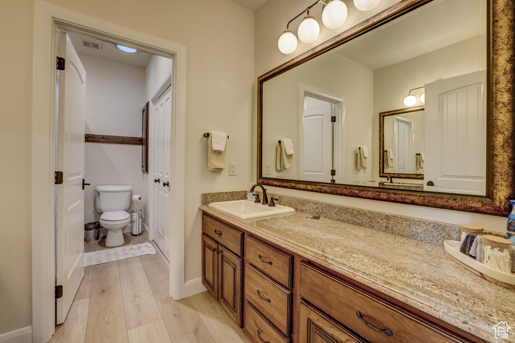 Bathroom featuring wood finished floors and vanity