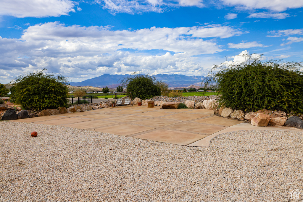 View of patio with a mountain view
