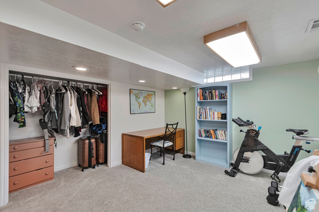Office featuring carpet floors and recessed lighting