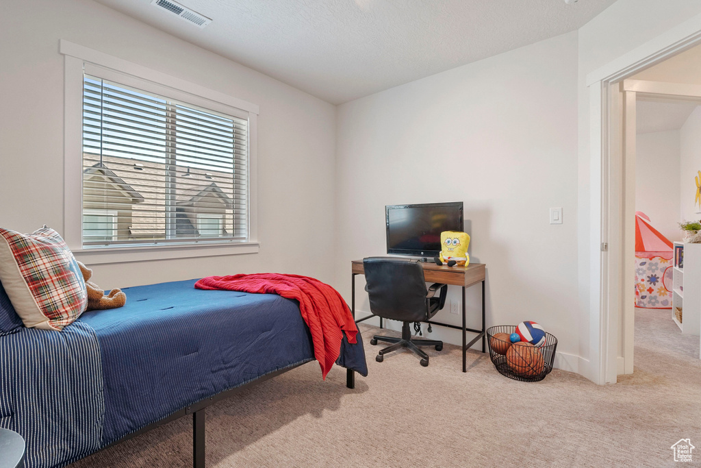 Bedroom with carpet and an office area