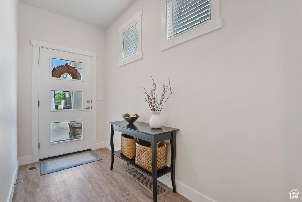 Foyer with wood finished floors and plenty of natural light