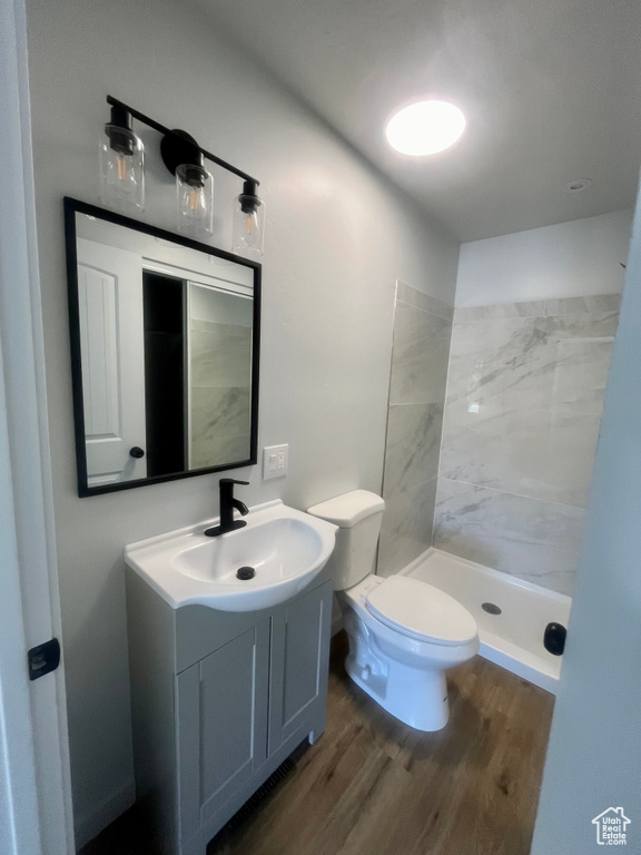 Full bathroom with wood finished floors, vanity, and a tile shower