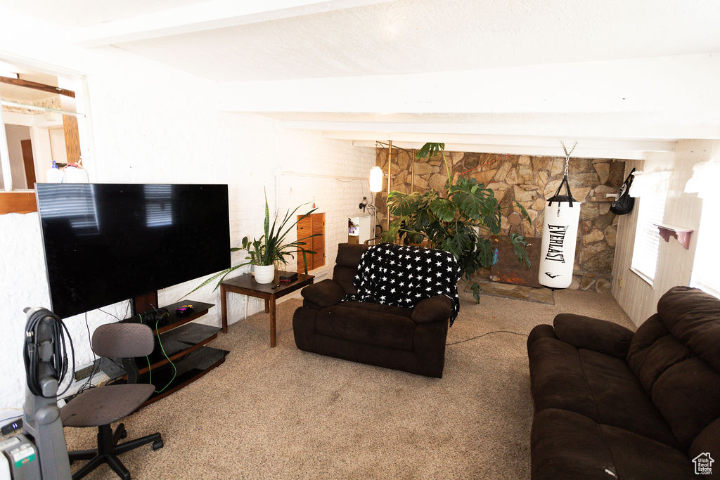 Living area featuring carpet floors and beam ceiling