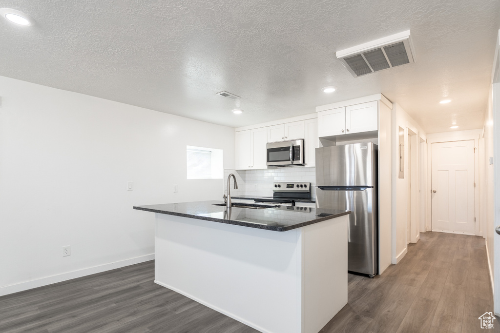 Kitchen with appliances with stainless steel finishes, dark wood-type flooring, recessed lighting, white cabinetry, and a center island with sink