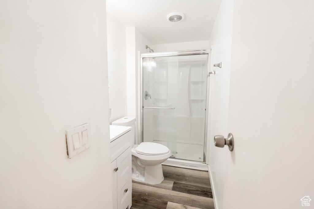 Bathroom featuring wood finished floors, a shower stall, and vanity