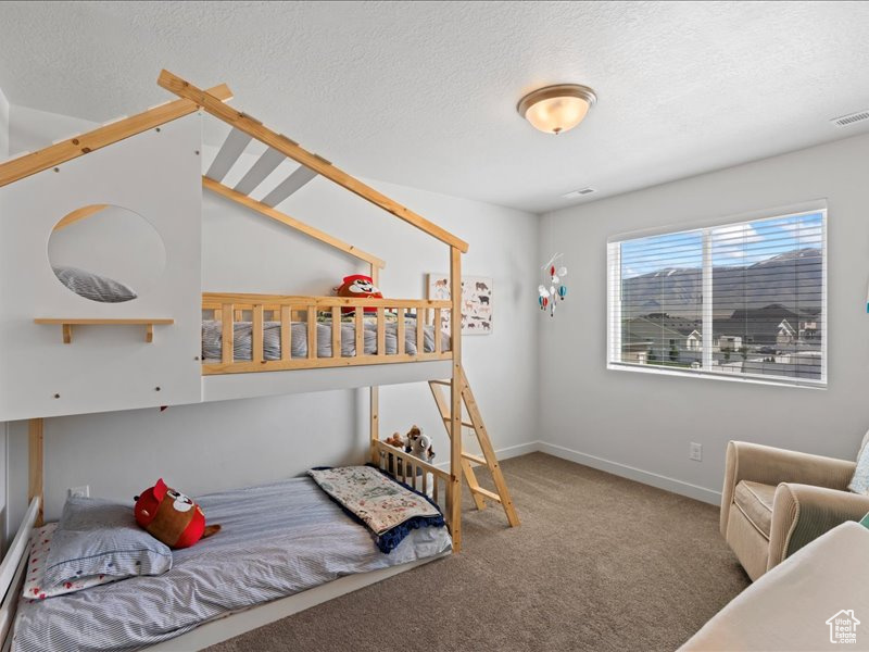 Bedroom with a textured ceiling and carpet flooring