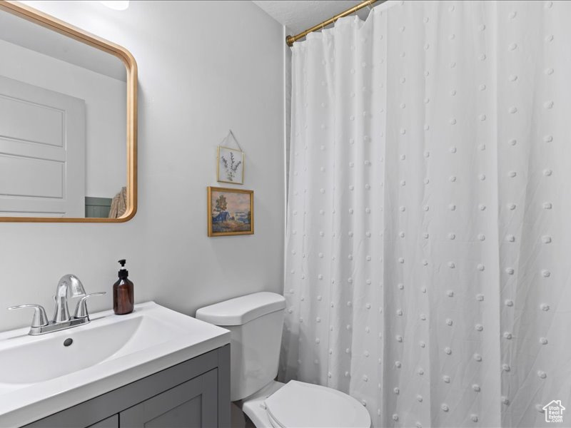 Bathroom featuring vanity and a shower with curtain