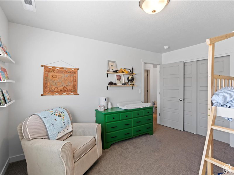 Carpeted bedroom with a closet