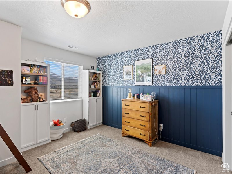 Bedroom featuring wainscoting, carpet floors, wallpapered walls, and a textured ceiling