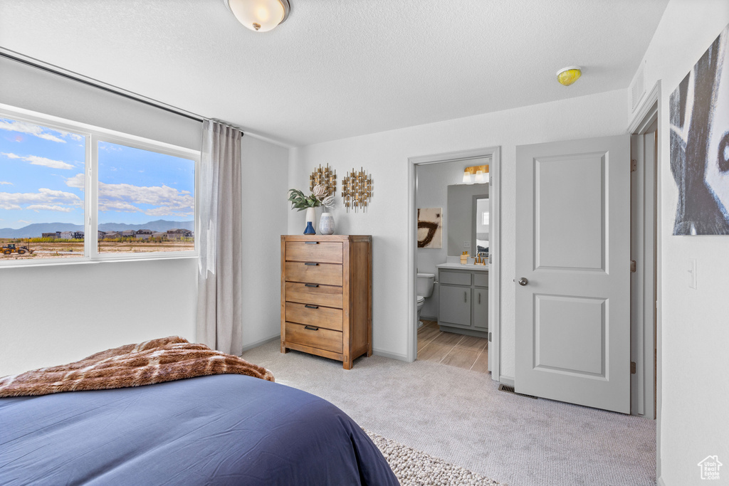 Bedroom featuring light carpet, ensuite bath, and a mountain view