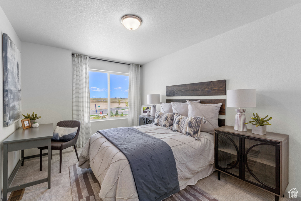 Carpeted bedroom with a textured ceiling