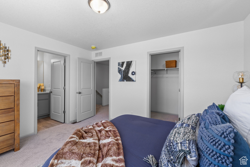 Carpeted bedroom featuring ensuite bath and a closet