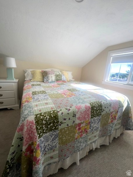 Bedroom featuring carpet floors and lofted ceiling