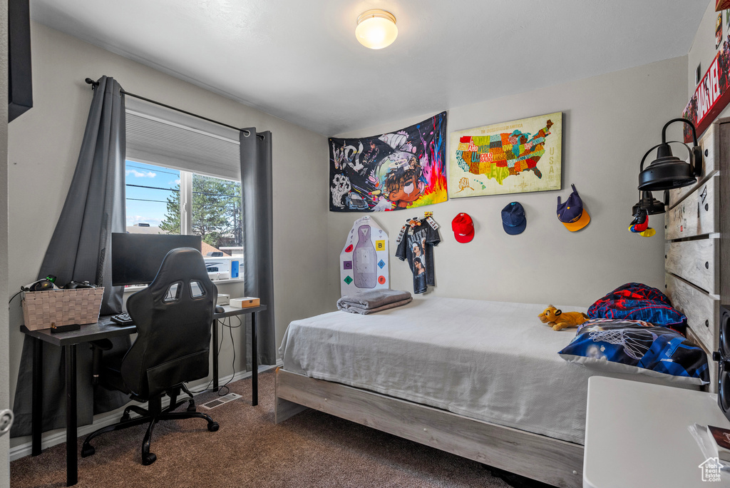 Bedroom featuring carpet floors and an office area