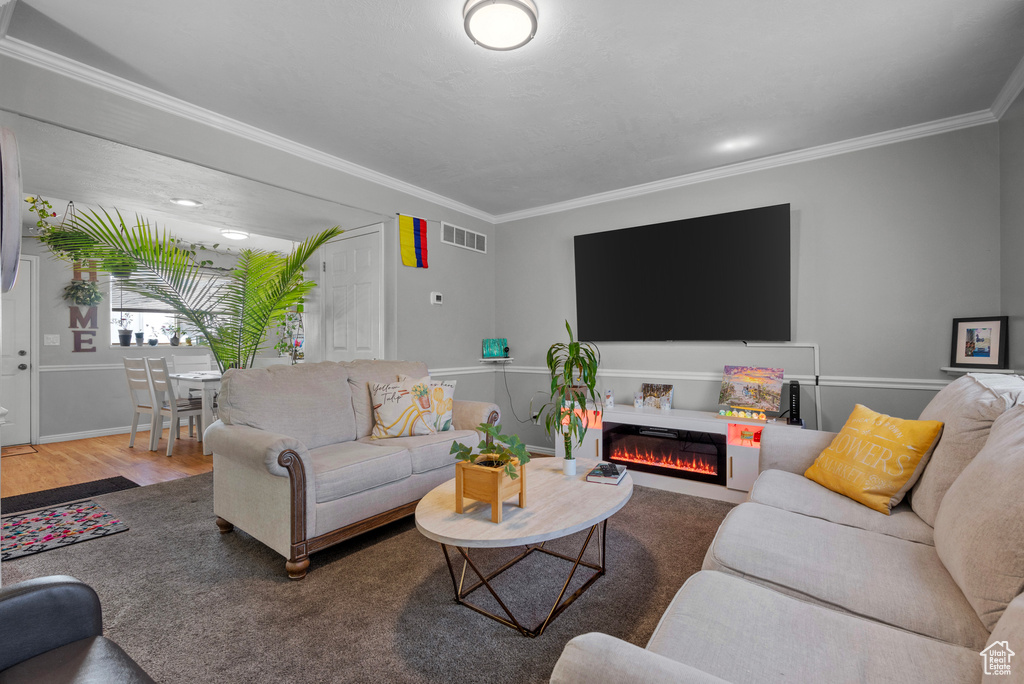 Living room with ornamental molding, a warm lit fireplace, and wood finished floors
