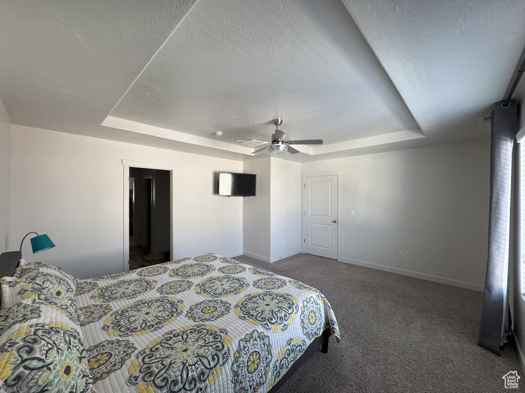 Carpeted bedroom with a raised ceiling and a ceiling fan