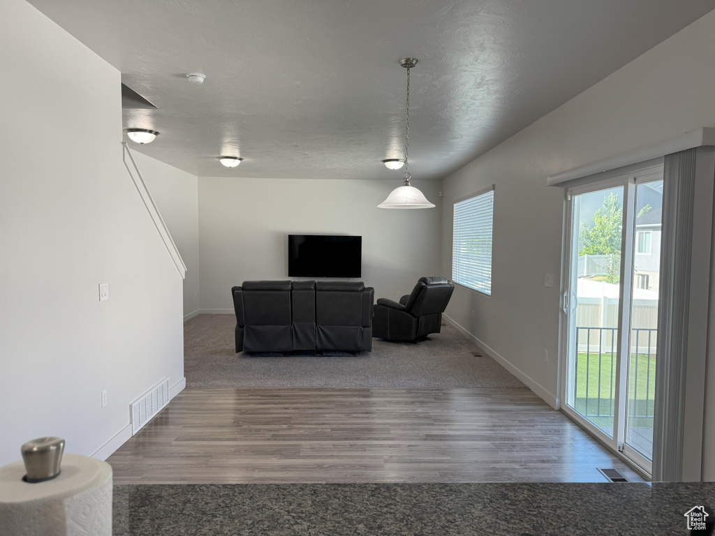 Living area with wood finished floors and carpet floors