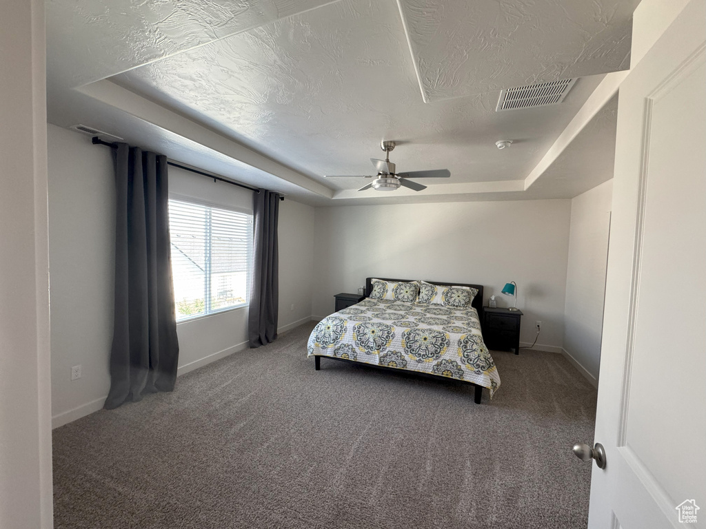 Carpeted bedroom with a tray ceiling, a ceiling fan, and a textured ceiling