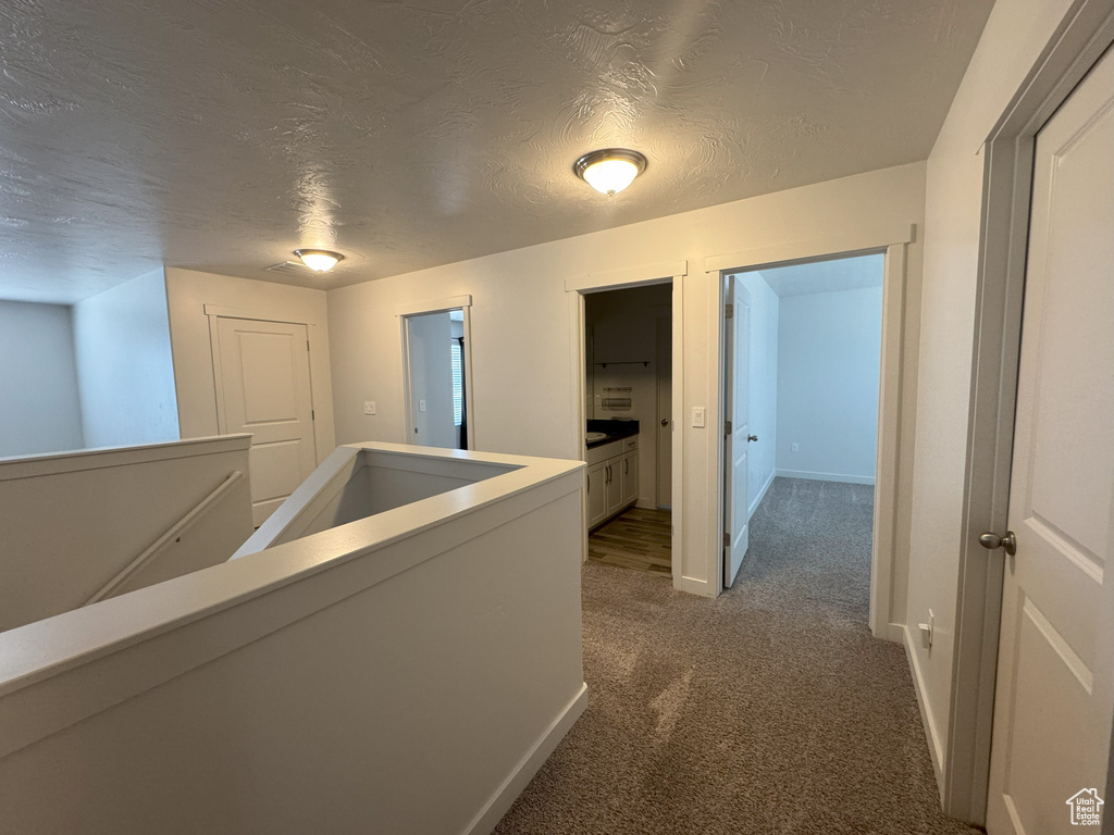 Hallway featuring carpet flooring and a textured ceiling
