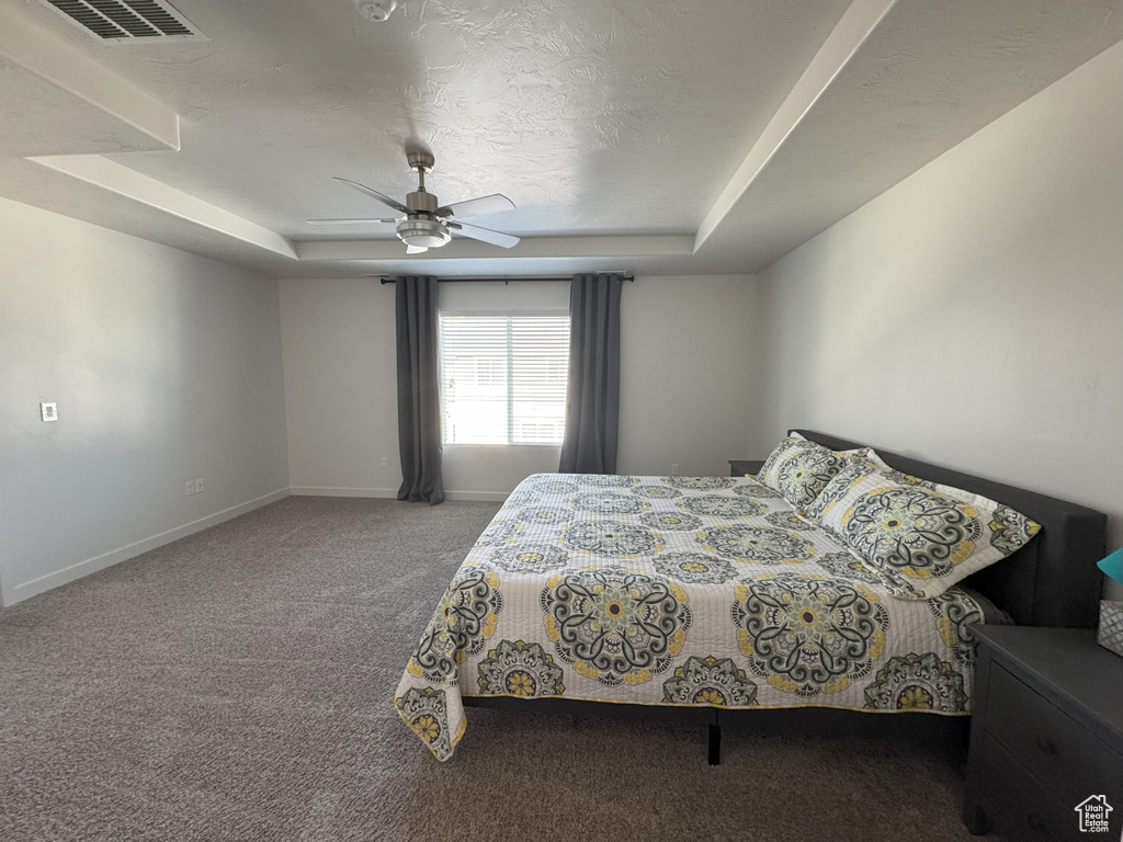 Carpeted bedroom with a raised ceiling and a ceiling fan