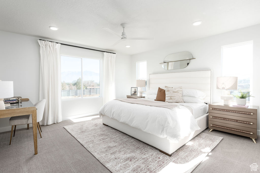 Bedroom featuring carpet, recessed lighting, a desk, and ceiling fan
