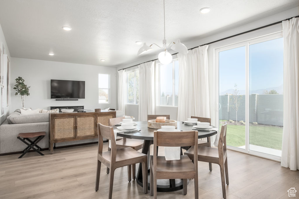 Dining room with light wood-style floors and recessed lighting