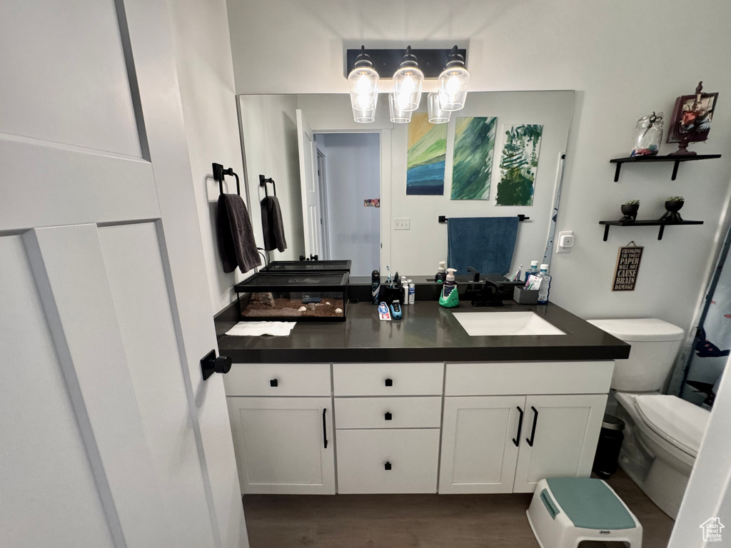 Bathroom featuring vanity, wood finished floors, and a chandelier
