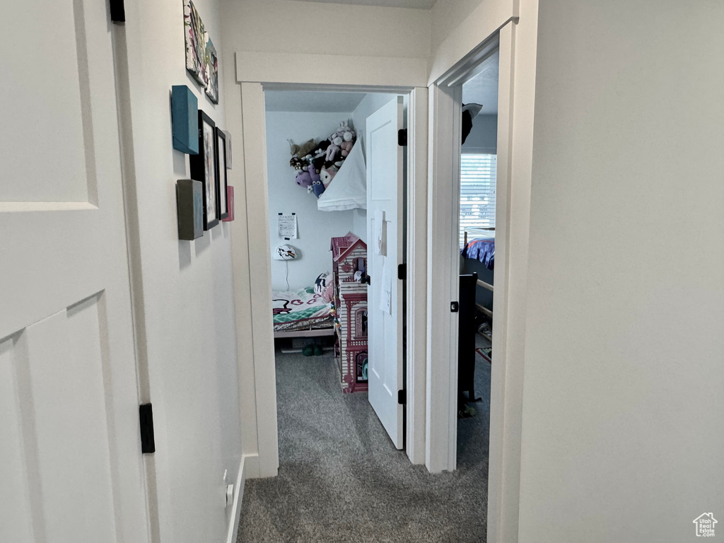 Corridor with dark colored carpet