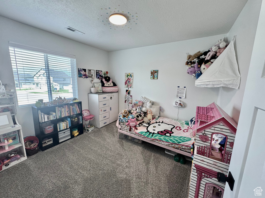 Carpeted bedroom with a textured ceiling