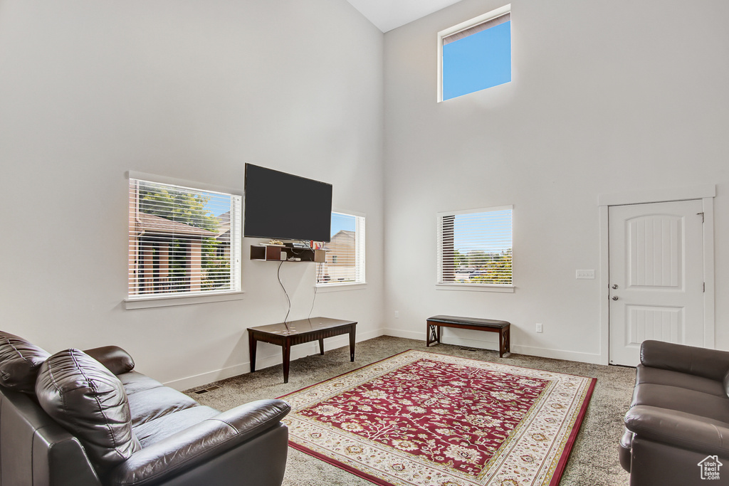 Carpeted living area featuring a high ceiling and baseboards