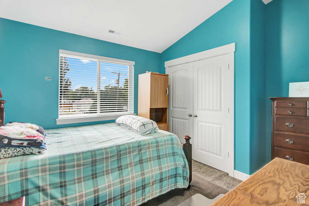 Carpeted bedroom with vaulted ceiling and a closet