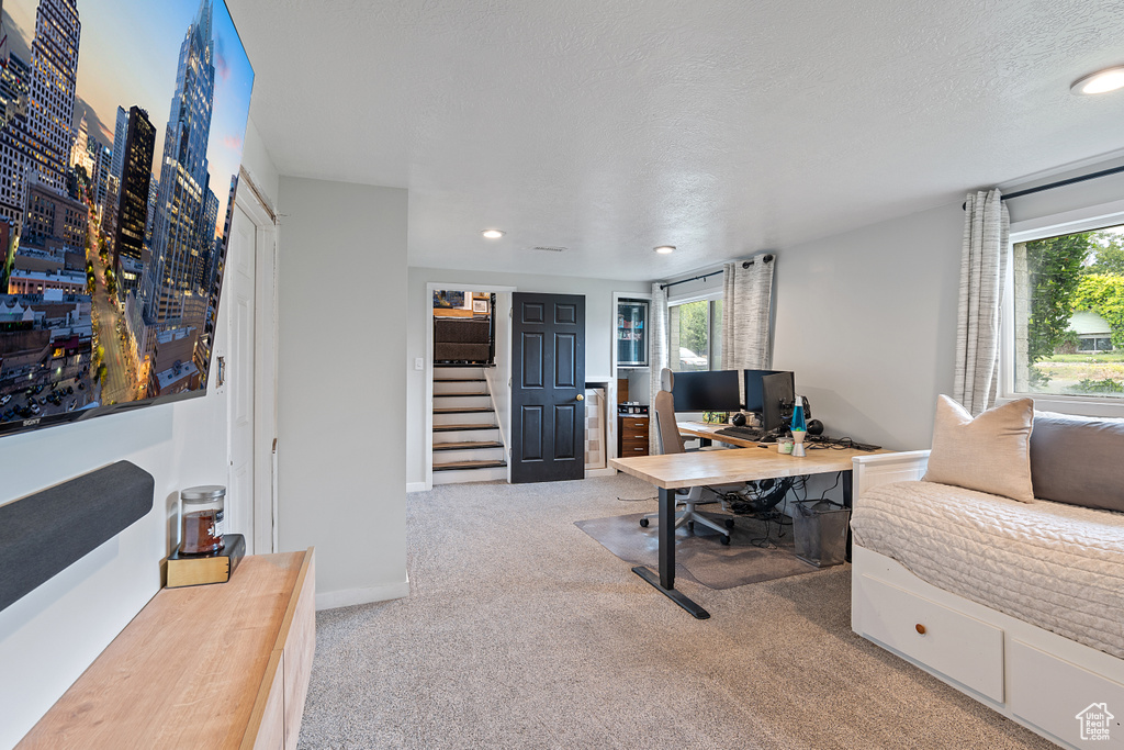 Carpeted office with plenty of natural light and recessed lighting