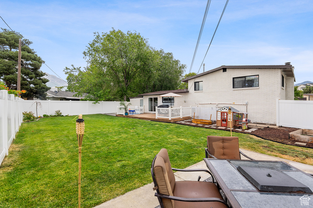 Fenced backyard with a deck
