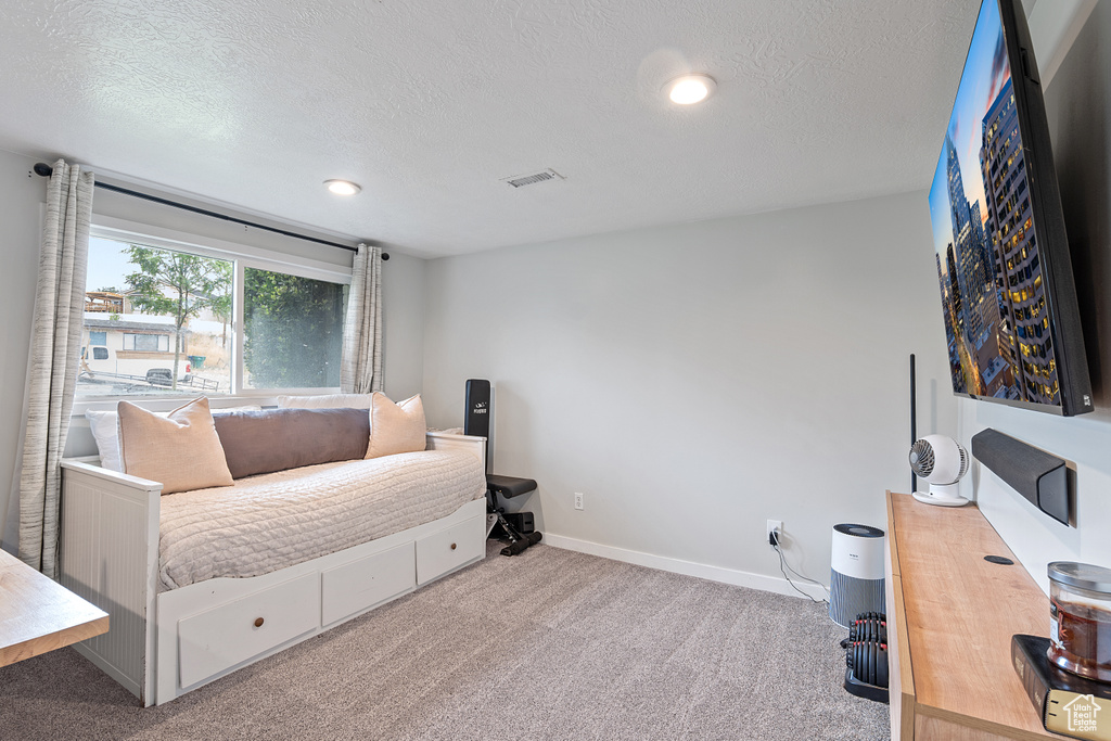 Carpeted bedroom featuring a textured ceiling and recessed lighting