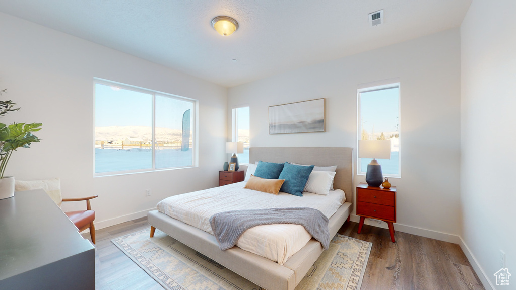 Bedroom featuring multiple windows and light wood finished floors